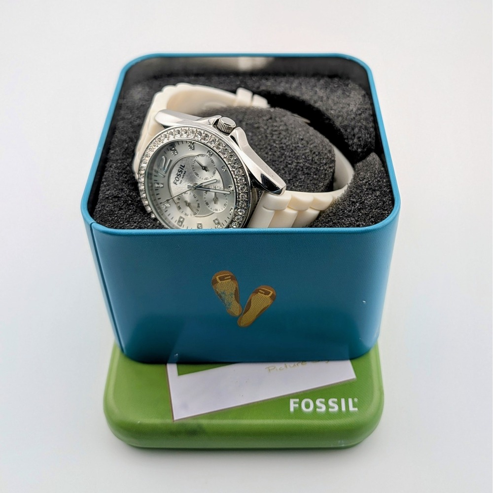 Fossil Stella ES2344 Multifunction Crystal Bezel White Silicone Watch 38mm